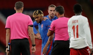 Reece James of England gets a red card at end of game from referee Jesús Gil Manzano.