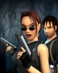 A grim-faced Lara Croft with twin pistols, standing in front of dark-haired Kurtis