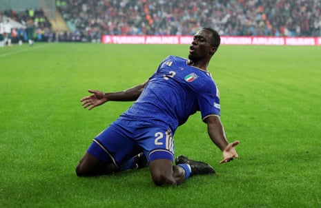 Italy's Michael Kayode celebrates scoring their third goal.