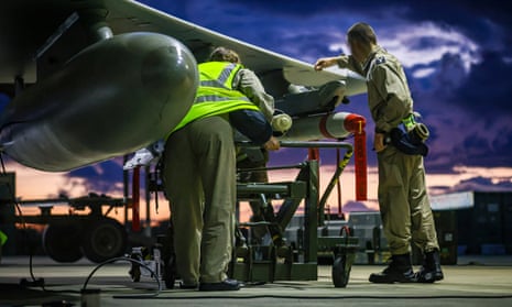 Weapon technicians prepare RAF Typhoon FRG4 aircraft on 3 February 2024. 