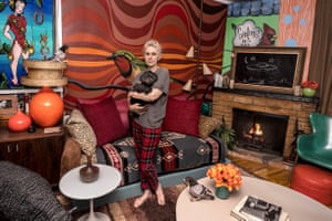 Sally Davies. Photographed with her dog Bun at her home in the East Village on January 1, 2020.