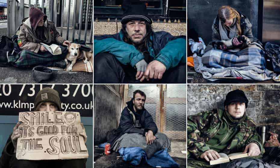 Clockwise from top left: Paul, homeless with his dog, outside Waterloo Station; Rumen, from Bulgaria, in Leicester Square; Jane, with her polecat Troy, on Oxford Street; Wolfie under a railway bridge near Waterloo Station; Mark in St Martins in the Field church plaza; and Ziggy on Camden High Street.