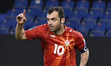 Goran Pandev celebrates scoring North Macedonia’s  first goal in their World Cup qualifier away to Germany in March 2021