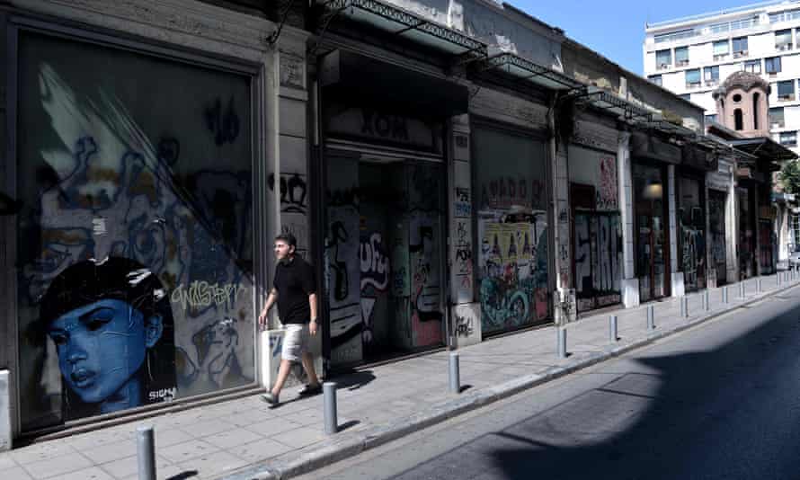 A row of closed shops in Thessaloniki.