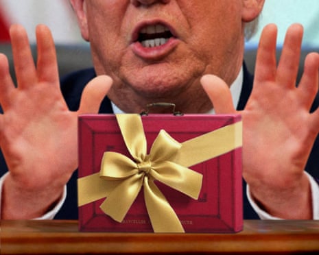 A composite showing Donald Trump behind a ministerial red box with a golden bow