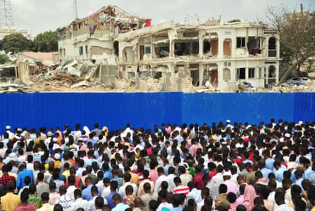 Somalis pray for victims of 2017 truck bomb in Mogadishu.