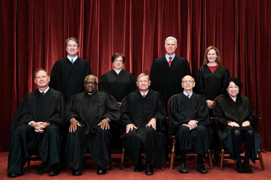 The nine supreme court justices. Back row, from left, Brett Kavanaugh, Elena Kagan, Neil Gorsuch and Amy Coney Barrett. Front row, from left, Samuel Alito, Clarence Thomas, John Roberts, Stephen Breyer and Sonia Sotomayor.