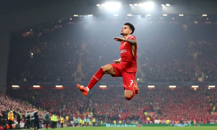 Luis Díaz leaps skywards after opening the scoring in Liverpool’s 4-0 victory over Bayer Leverkusen