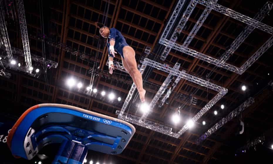 French gymnast Mélanie de Jesus dos Santos practices on the vault at the Ariake Gymnastics Centre in Tokyo on Thursday.