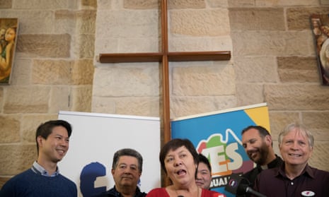 Australian Christians for Marriage Equality speak about their yes campaign on Wednesday. (L-R): Francis Voon Faith, Les Mico, Julie McCrossin, Benjamin Oh, Ben Gilmour and Keith Mascord.