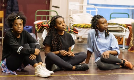 Gabrielle Brooks, Yasmin Mwanza, Pepter Lunkuse in rehearsals for Our Lady of Kibeho.