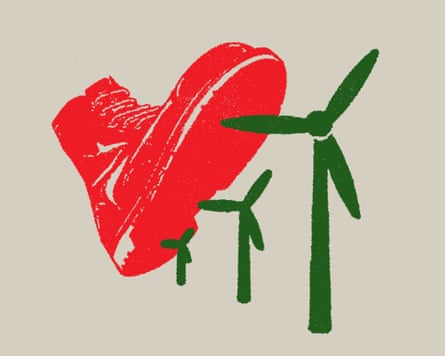 Big boot stepping on wind turbines