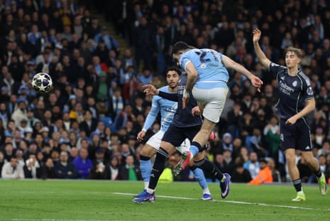 Manchester City's Rayan Ait-Nouri scores their second goal before it is disallowed for offside.