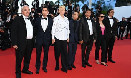 Elkin Diaz, Apichatpong Weerasethakul, Tilda Swinton and Juan Pablo Urrego attend the closing ceremony of this year’s Cannes.