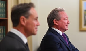Australia’s health minister Greg Hunt, left, and businessman Andrew Forrest announce a deal to secure 10m Covid-19 test kits from Beijing Genomics Institute