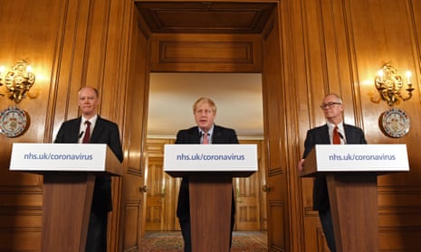 ‘Boris Johnson flanked by his scientific advisers [Chris Whitty, left, and Patrick Vallance, right]
