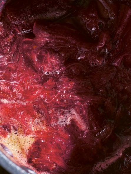 Closeup of rhubarb and lemon myrtle jam in a pot.