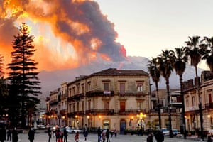 Mount Etna, Europe’s most active volcano, spews ash and lava, as seen from Catania