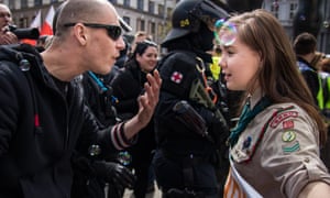 Lucie Myslíková standing up to a neo-Nazi demonstrator during a May Day rally in Brno