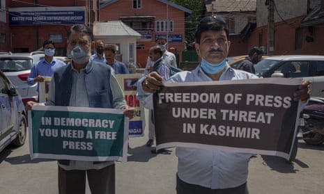 Kashmiri journalists protest against the media crackdown in the region in Srinagar in July 2020