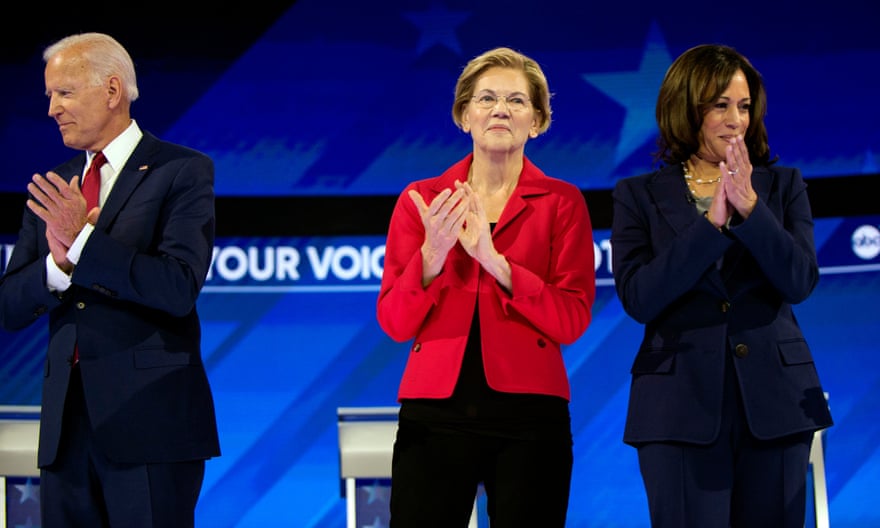 Biden, Warren and Harris at a presidential debate in Houston in September.