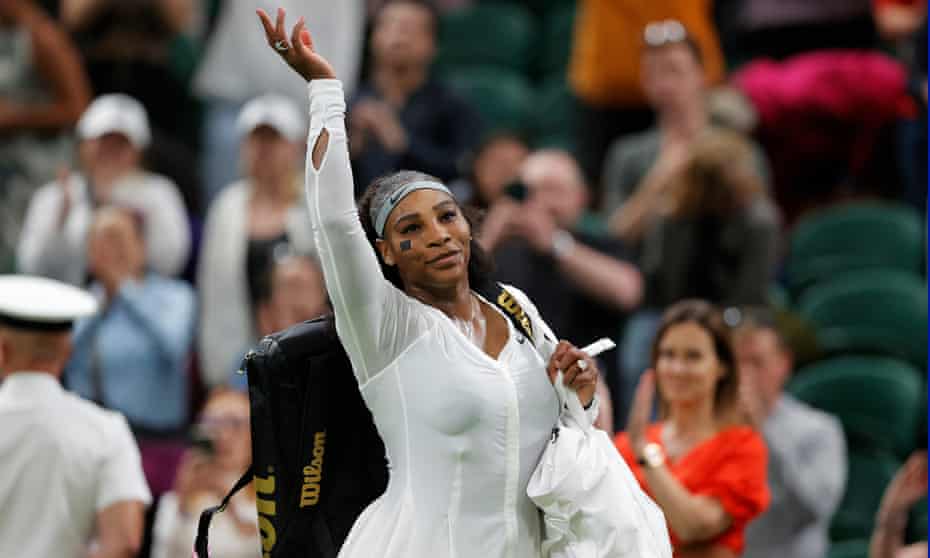 Serena Williams waves to the Centre Court crowd after her first-round defeat to Harmony Tan.