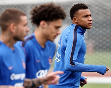 France's Kylian Mbappé with teammates during training in Massachusetts yesterday.