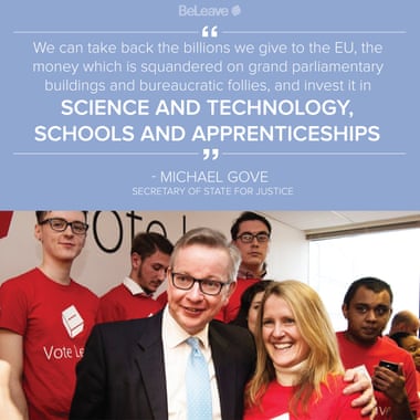 Michael Gove and Darren Grimes (back left) in BeLeave campaign material.