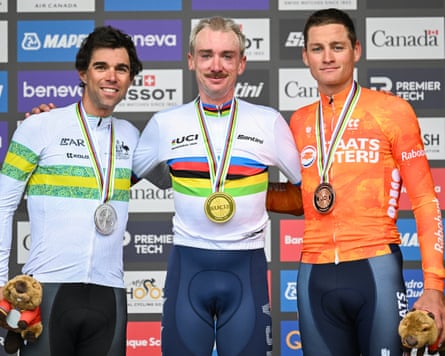 Brandon McNulty (centre) flanked on the podium by Australian silver-medalist Michael Matthews (left) and third-placed Mathieu van der Poel