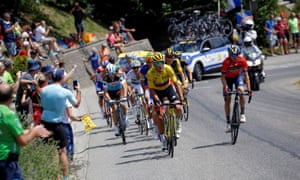 The breakaway, with Greg Van Avermaet of Belgium in the overall leader’s yellow jersey, on the Col de la Croix Fry.
