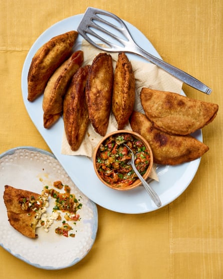 Maria Bradford’s plantain and feta hand pies with tomato salsa.