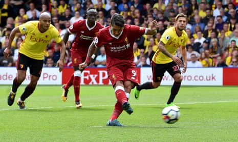 Roberto Firmino scores from the penalty spot to draw Liverpool level against Watford at Vicarage Road.