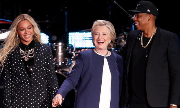 Hillary Clinton is joined on stage at a get-out-the-vote campaign by power couple Beyoncé and Jay Z.