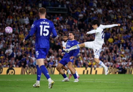 Leeds United's Ao Tanaka shoots at goal.