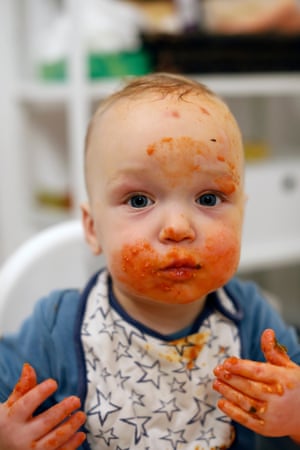 Aven eats his dinner.