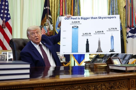 Before signing an executive order on Wednesday, Donald Trump asked an aide to hand him a poster he said he had commissioned to show that the Lincoln Memorial Reflecting Pool would be a very tall building, if it was a building instead of a pool, and was vertical instead of horizontal.