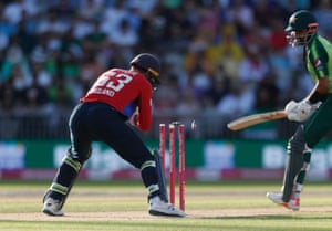 Pakistan’s Babar Azam is stumped by England’s Jos Buttler.