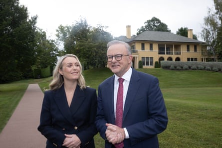 Anthony Albanese and Jodie Haydon speak to the media after their engagement at the Lodge in February 2024