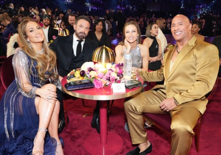 Affleck with (from left) Jennifer Lopez, Lauren Hashian and Dwayne Johnson at the Grammys.