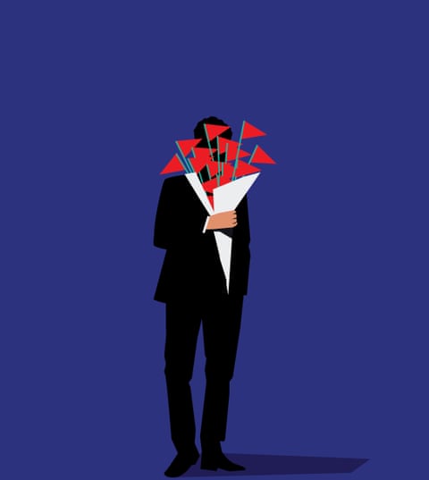 Illustration of a man in a black suit, against blue background carrying a bouquet of red flags