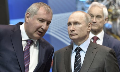 Russian President Vladimir Putin seen with Dmitry Rogozin outside Moscow in April 2019.