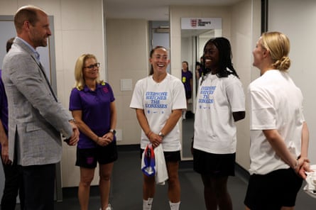 Prince William, who visited the Lionesses at St George’s Park on Monday before they set off for Switzerland, talks to (left to right) coach Sarina Wiegman, Maya Le Tissier, Michelle Agyemang and Aggie Beever-Jones.