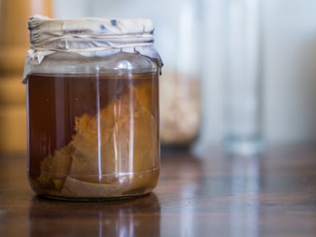 Kombucha brewing with the immersed Scoby.
