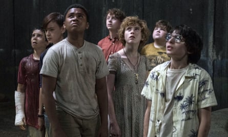 the cast of It, including Finn Wolfhard as Richie Tozier, right.