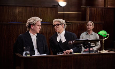 From left: Edward Wolstenholme as junior barrister Michael Day, Christopher Simpson as defence barrister Xavier Ahmad QC and Sonya Orlav as court clerk in The Jury: Murder Trial.