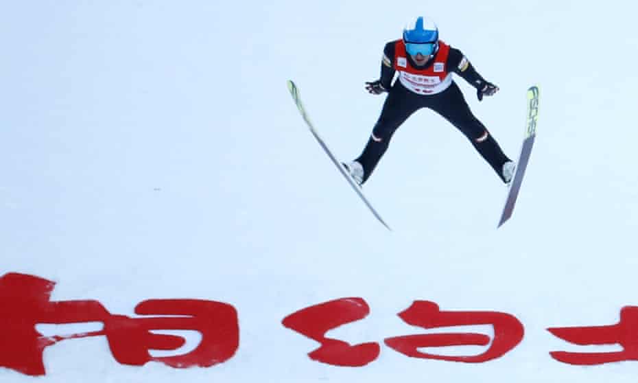 Fabio Obermeyr of Austria competes during the men's Nordic combined ski jumping test event for the Beijing 2022 Winter Olympics in Zhangjiakou.