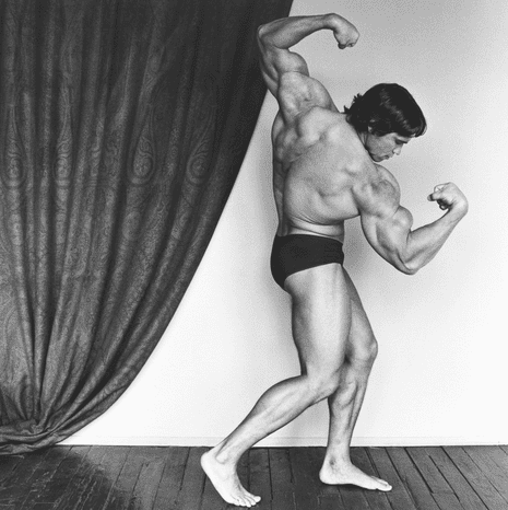 Arnold Schwarzenegger, 1976. He is posing flexing his biceps and wearing a pair of dark shorts