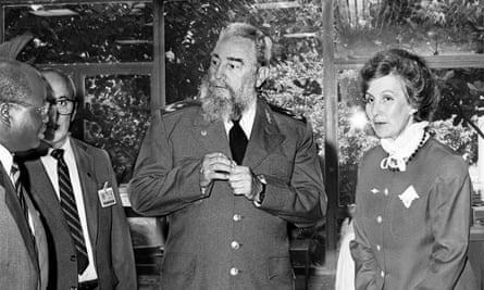 Margaret Anstee with President Fidel Castro of Cuba at a United Nations crime congress in 1990.