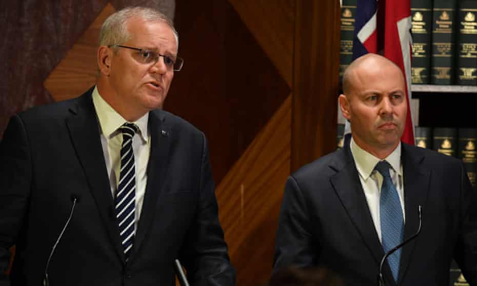 Australian prime minister Scott Morrison and treasurer Josh Frydenberg at a press conference in Melbourne