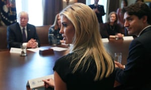 Donald Trump and Justin Trudeau listen to Ivanka Trump speak during a roundtable on the advancement of women entrepreneurs and business leaders at the White House.
